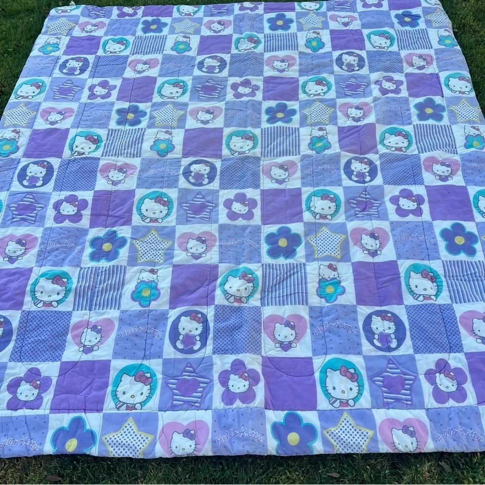 Y2K Sanrio Hello Kitty Checkerboard Patchwork Stripe Reversible Comforter READ